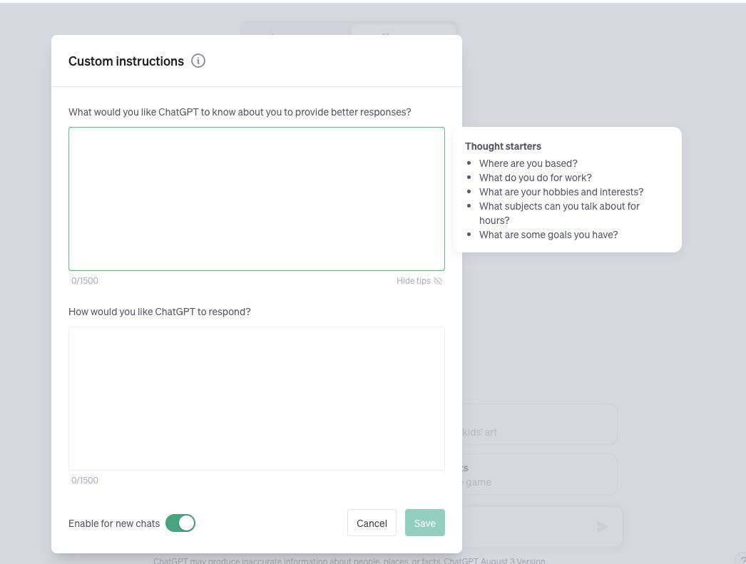ChatGPTBuzz's tweet photo. Are you using Custom Instructions on your ChatGPT plus subscription?
-
Feed ChatGPT your preferences so that it always knows who you are and what responses you want. Formal, informal, marketing, facts, anything. 

For more information send us a message. 
#ChatGPT #OpenAI https://t.co/vmZ3wPyEpL