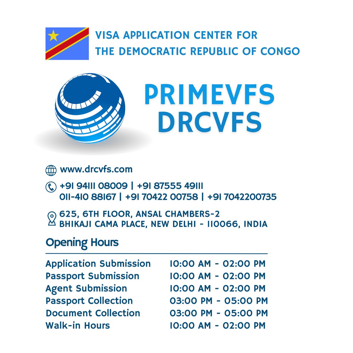 drcvfs's tweet photo. PRIMEVFS DRCVFS is the Visa Application Center for the Democratic Republic of Congo in India offering visa application services to passport holders of India, Singapore, Sri Lanka, Indonesia and Malaysia.

#CongoVisa #Travel #Visa #TravelVisa #DRCongo https://t.co/tBBiKOOJET