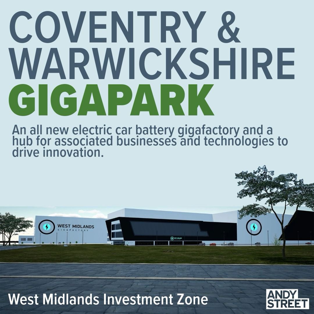 As part of the WM Investment Zone, the Coventry-Warwick Gigapark anchored by a Gigafactory will bring £2.5bn in private sector investment to the WM🔋 From battery production & R&D to battery recycling, it’ll turbo charge a region that is already leading the electric revolution⚡️