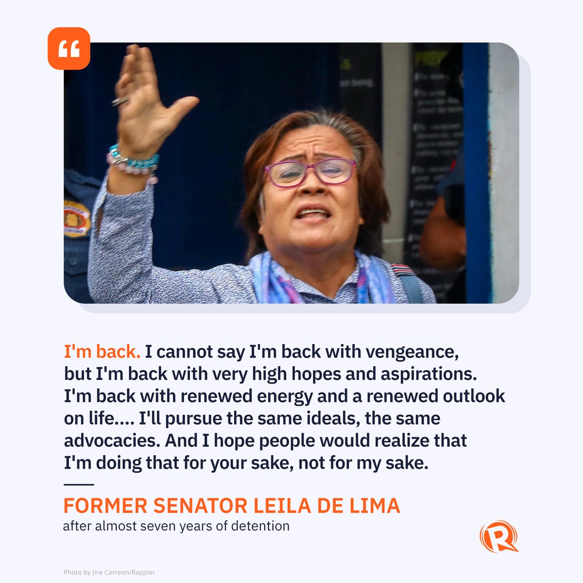 rapplerdotcom's tweet photo. SHE’S BACK.

Former senator Leila de Lima returns after nearly seven years of detention. With her freedom, she hopes to “still do a lot of good for this country.”

WATCH: https://t.co/sz5jd4jXsP https://t.co/uVDHJsraEs