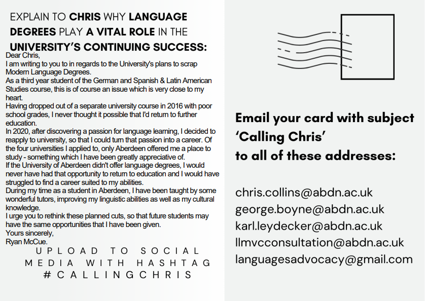 My letter to Professor Chris Collins, Head of the School of Language, Literature, Music and Visual Culture at the University of Aberdeen, regarding the planned cuts, which would involve scrapping Modern Language Degrees #CallingChris #Greetings2George #Card2Karl #SaveUoALanguages