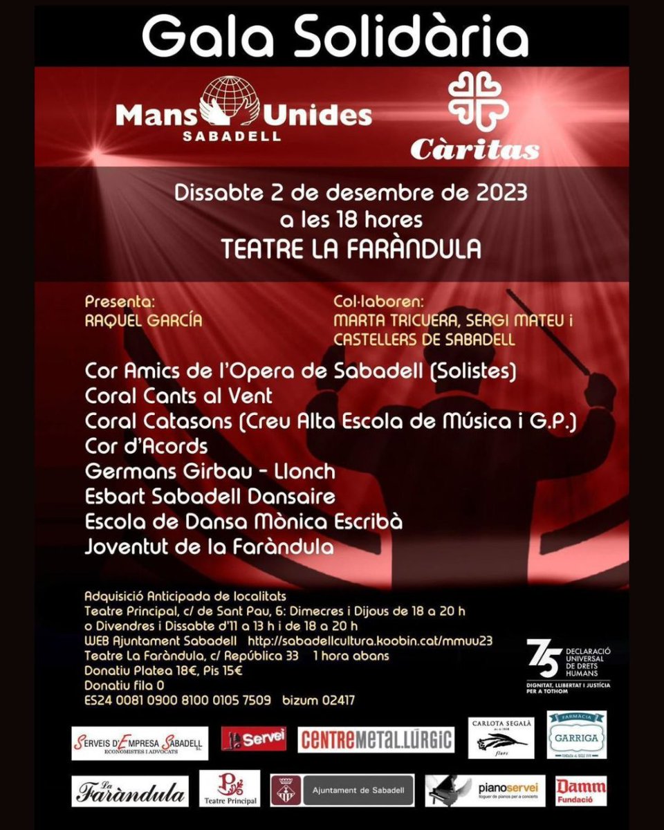 MansUnidesV's tweet image. El 2 de desembre celebrarem la Gran Gala Solidària, organitzada per Mans Unides Sabadell i Càritas Sabadell. Tindrà lloc al Teatre la Faràndula, a les 18 hores.

Des de l'ONG us animem a totes i a tots a assistir-hi 🙌

#ONG #Sabadell #MansUnides #solidaritat #gala #LaFaràndula