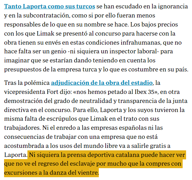 #ABC Sostres: "El Barça reinventa la esclavitud"

"La constructora turca Limak es tan consciente del desprestigio de su marca en Europa que están pagando entre 15 y 20.000 € mensuales a una de las mejores consultoras de Europa para que limpie su imagen en España"