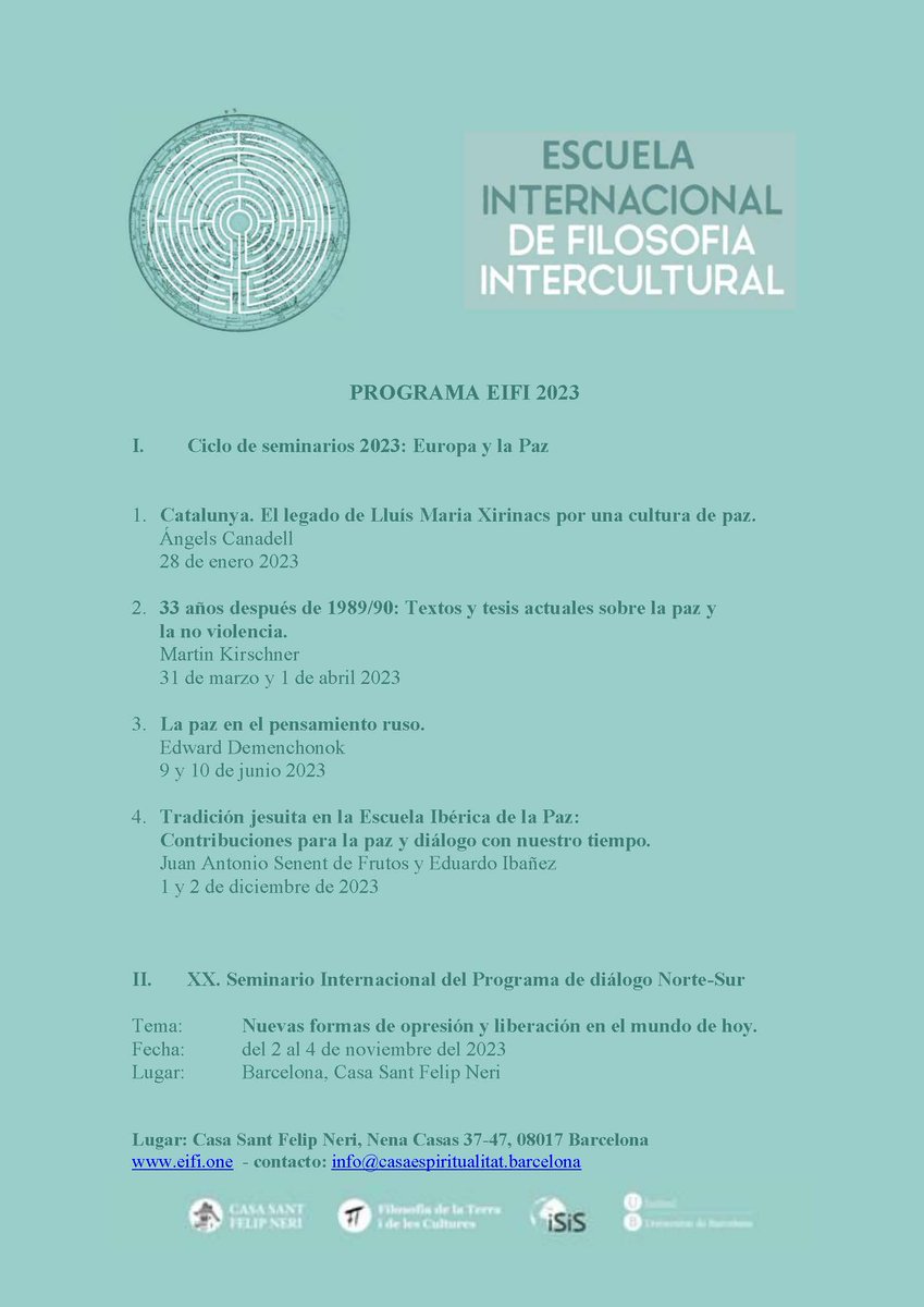 La Escuela Internacional de Filosofía Intercultural acogerá el 1 y 2 de diciembre en Barcelona un seminario que impartirán los investigadores Eduardo Ibáñez y Juan Antonio Senent Tradición jesuita en la Escuela Ibérica de la Paz: Contribuciones para la paz y diálogo ⬇️