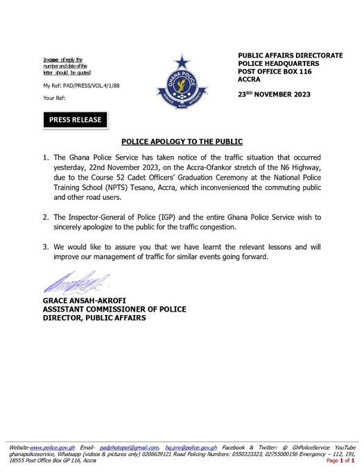 Ghana Police Apologizes for Traffic Disruption at Cadet Officers' Graduation, Promises Better Traffic Management.

#ABCNewsGH