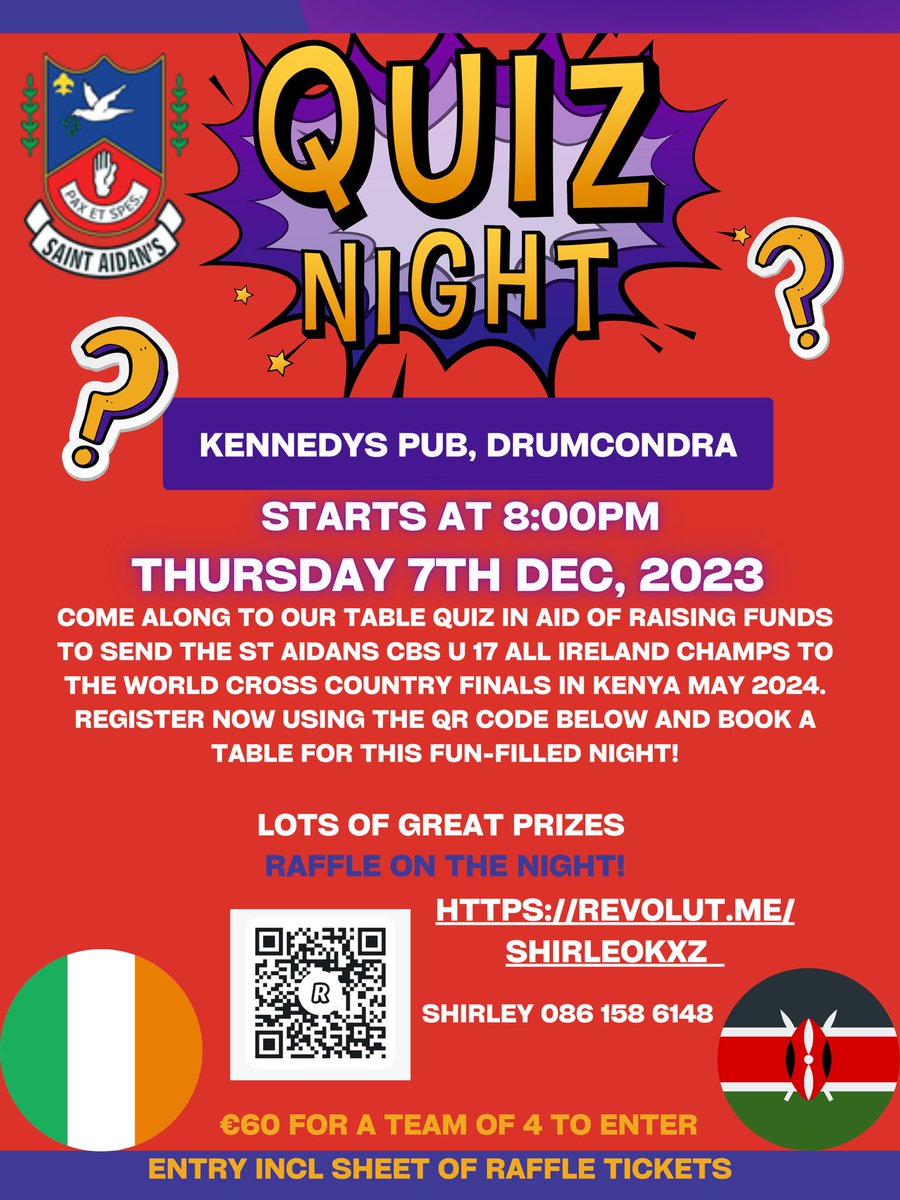 Two weeks today until our big fundraising quiz in Kennedy's, Drumcondra. Please come along and show your support to our young athletes who hope to go to Kenya next March for the World Schools Cross Country #WSCCrossCountryKenya2024 @ISFsports @SchoolsAthletic @KSSSA19