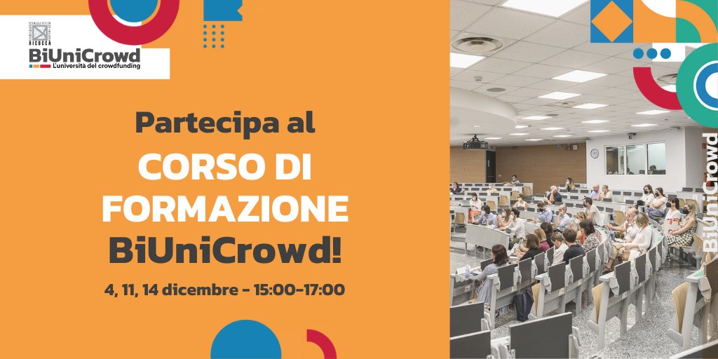unimib's tweet photo. 📢 È in arrivo il corso di formazione #BiUniCrowd!
È gratuito e aperto a tutti coloro che voglio acquisire le competenze per progettare e promuovere una campagna di #crowdfunding 
📍4, 11, 14 dicembre, con @IdeaGinger
👉 Iscriviti al corso https://t.co/nE6WOUaEY2
@BicoccAlumni https://t.co/IY3JXdhhxt