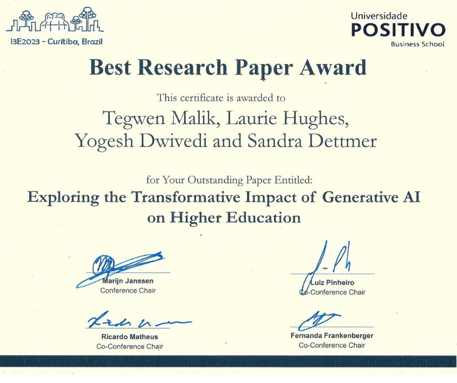 🏆 Exciting news from I3E 2023 in Brazil! 🌐 Our Digital Futures team snagged 'Best Research Paper Award' for their groundbreaking work on GenAI in higher ed. 🎓 Timely insights on policy impact! Stay tuned for more findings! 🚀🔗 #I3E2023 #GenAI #HigherEdResearch