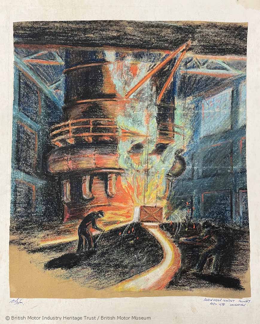 This piece of #Art was part of a #Donation to our #Archive from earlier this year and depicts the #Foundry at the #Austin Motor Company #Factory in #Longbridge. It was made by an apprentice #Engineer during his time at the factory in 1958.

#ExploreYourArchives #EYAArt