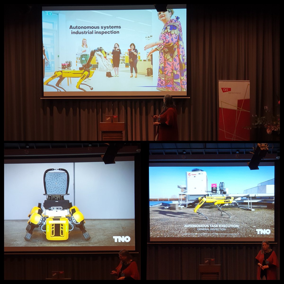 CWInl's tweet photo. A robot that autonomously checks industrial systems is in the making! Judith Dijk from TNO gave us a peek in its brain at the symposium on the Applications of Scientific Machine Learning organized by CWI. https://t.co/GuXmXiAZZJ #scientificmachinelearning https://t.co/PE9a8kmqSZ