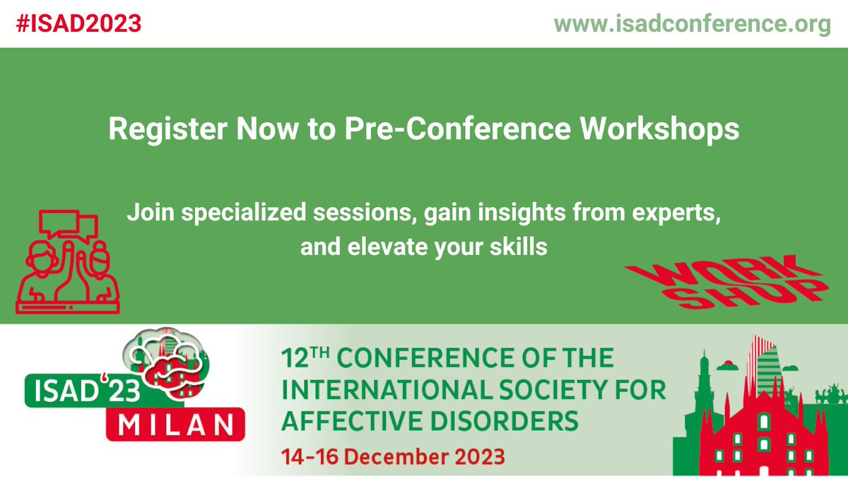 Registration for pre-conference workshops at #ISAD2023 continues!

🧠 Don't miss this exclusive chance to dive deep into cutting-edge topics. Secure your spot at Workshop Registration and unlock a world of knowledge on #affectivedisorders.

🔗 bit.ly/3rWR7hK