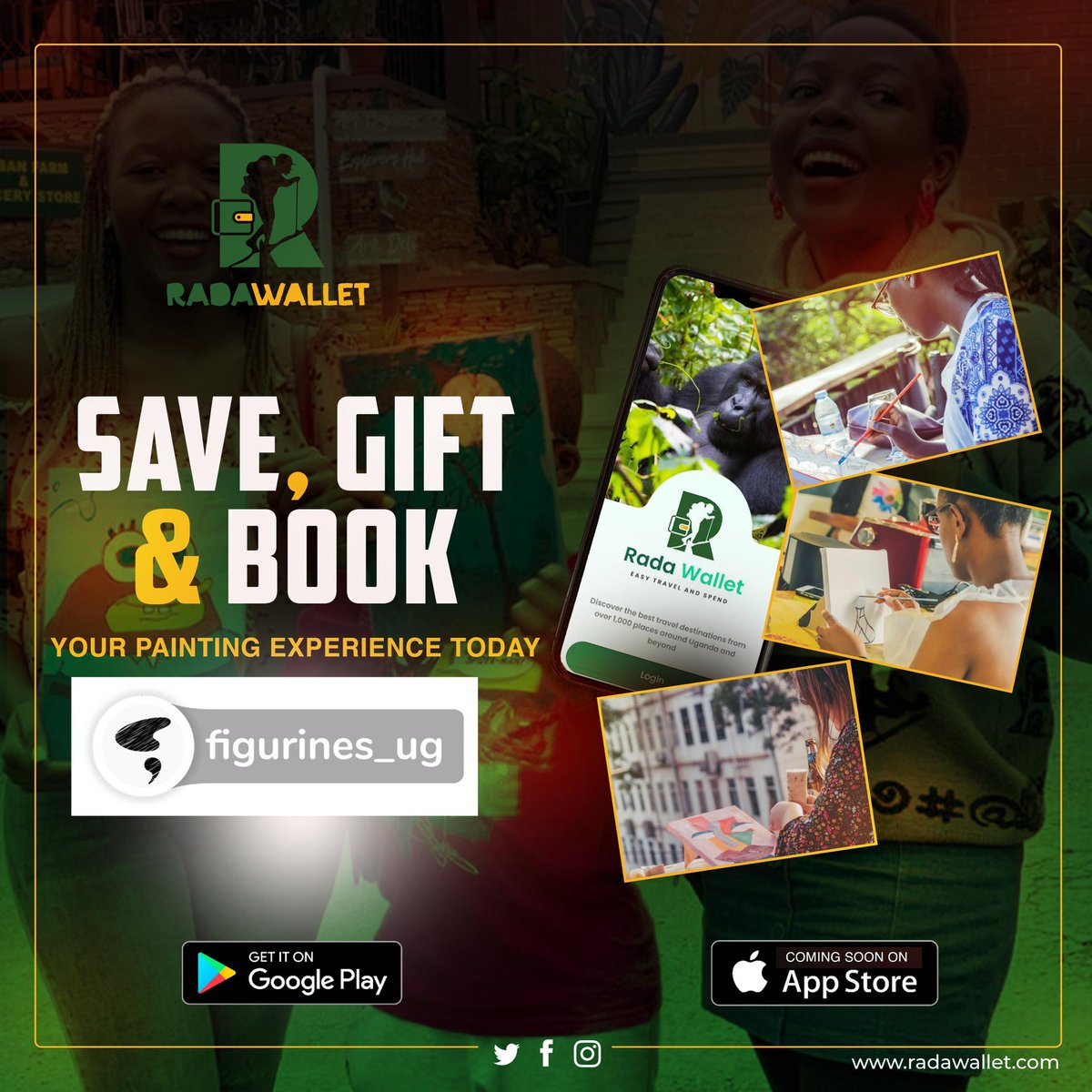 RadaWallet's tweet photo. Elevate your travel experience with Rada Wallet app – now offering the ability to save, gift, and book your Guided Painting 🎨 Experience with Figurines Ug!  Download on Play Store, Stay tuned for the Apple Store launch! #ArtfulAdventures https://t.co/CIrimC5b7y