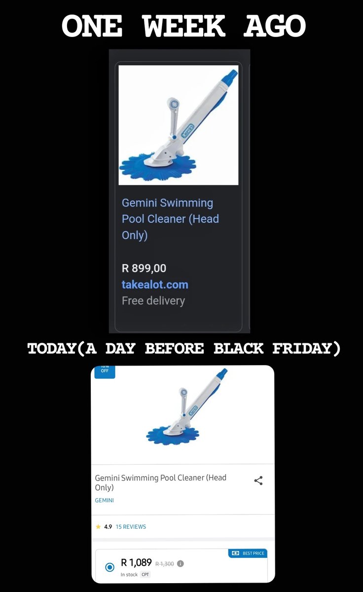 Last weekend, I was thinking of buying a new Kreepy for our pool but decided to wait for Black Friday. <a href="/TAKEALOT/">takealot</a>, just like other large companies, take us for a ride on BF.
Please don't be irresponsible tomorrow.
#takealot #BlackFriday2023