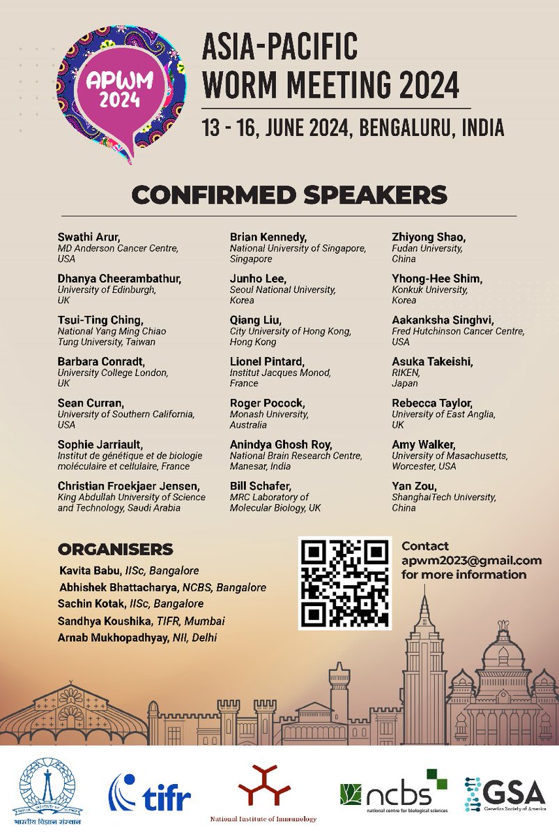 Excited to announce the 10th Asia Pacific worm meeting to be held in Bangalore 13-16 Jun '24. Worm folk do consider joining us. Registration portal opens Dec 15th, more info at apwm2024.com. Awesome line-up of speakers 👇 Worm image credit <a href="/VarshaS53228024/">Varsha Singh PhD</a>. Please RT.