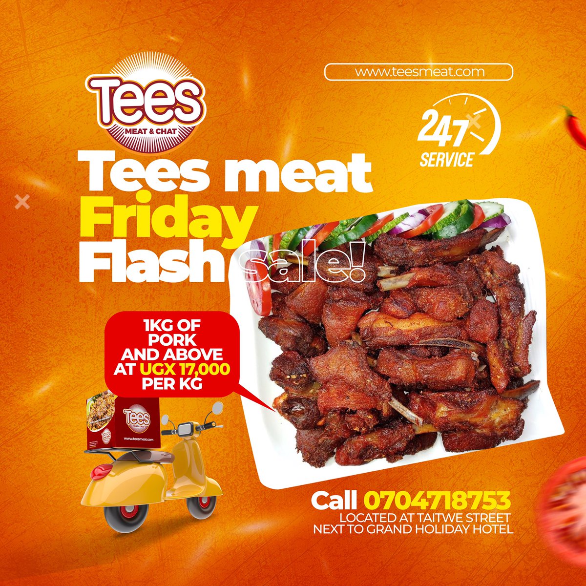 Tees MEAT &amp; CHAT has brought flash Fridays and Tuesday's , Get a discount for every kg you buy. Each kg at shs.17000. 🐷🐷🐷 Mbarara Taitwe street .