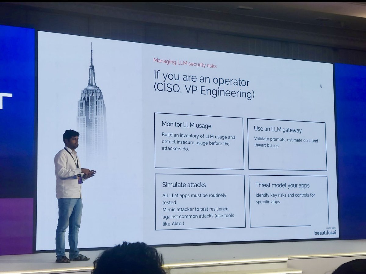 ankitaiitr's tweet image. This week, @Ankush12389 , CTO at akto.io presented on the topic ‘LLM Secrutiy for AI APIs’ at @Accel AI summit. Key takeaways in the slide below 👇🏻 

#llmsecurity
