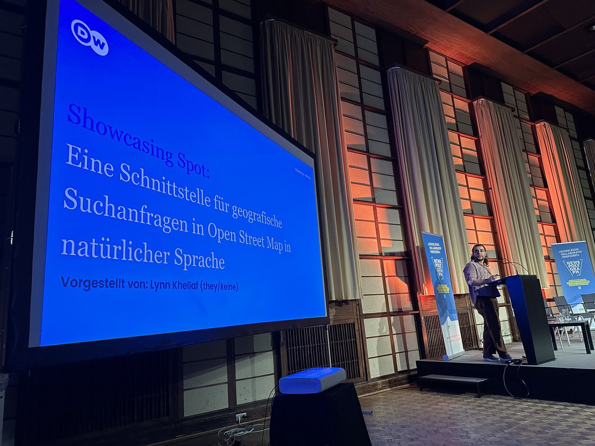 dw_innovation's tweet photo. Our Lynn Khellaf presenting work and initial results coming out of our #KIDproject at NewsPolygraph conference. Project aim: facilitate #geolocation in the #verification process using #OpenStreetMap and more. https://t.co/WEKQIEKFUd