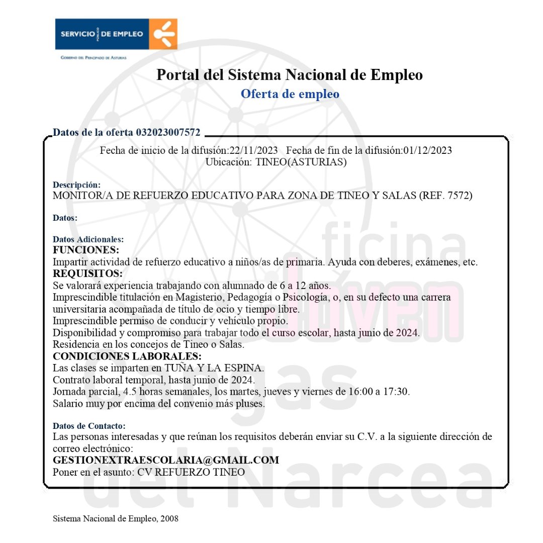oijnarcea's tweet image. OFERTA DE EMPLEO EN TINEO.
📷Monitor/a de refuerzo educativo para zona de Tineo y Salas.
#empleosuroccidente
#monitor
#monitora