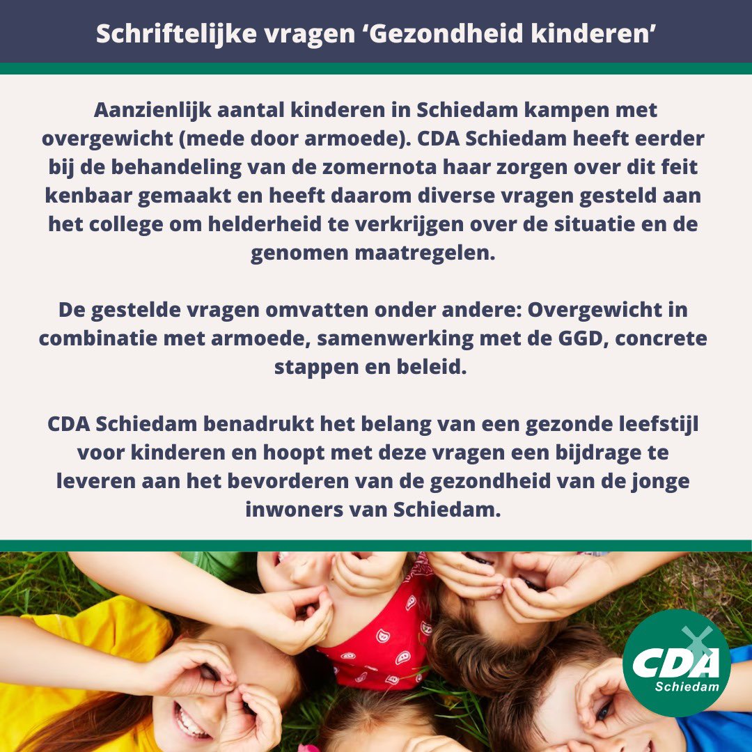Het CDA Schiedam heeft schriftelijke vragen gesteld inzake overgewicht (en gezondheid) van kinderen in Schiedam.