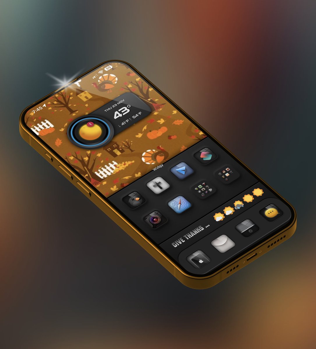 Happy Thanksgiving! 🦃 🍁 
#iOS1711 #iPhone15PM  #TeamNatty #NoJailBreak 
Icons @coburn67_94
Overlay @coburn67_94
#Widgy - @TeboulDavid1
StatusBar - #ShowBoardAlpha @SeanKly
Wall - Pinerest / #DarkAlley @sel6012000 
#MockupM #SmartWallpaperArt @SeanKly