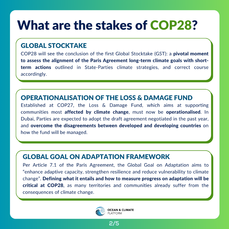 ocean_climate's tweet photo. [#COP28] D-7 before @COP28_UAE: the most significant COP since #COP21! ⏳ Do you want to know more about this event and the various issues that will be discussed, especially regarding the ocean 🌊? 

👀@ocean_climate answers your questions 👇

#GlobalStocktake #OceanforClimate