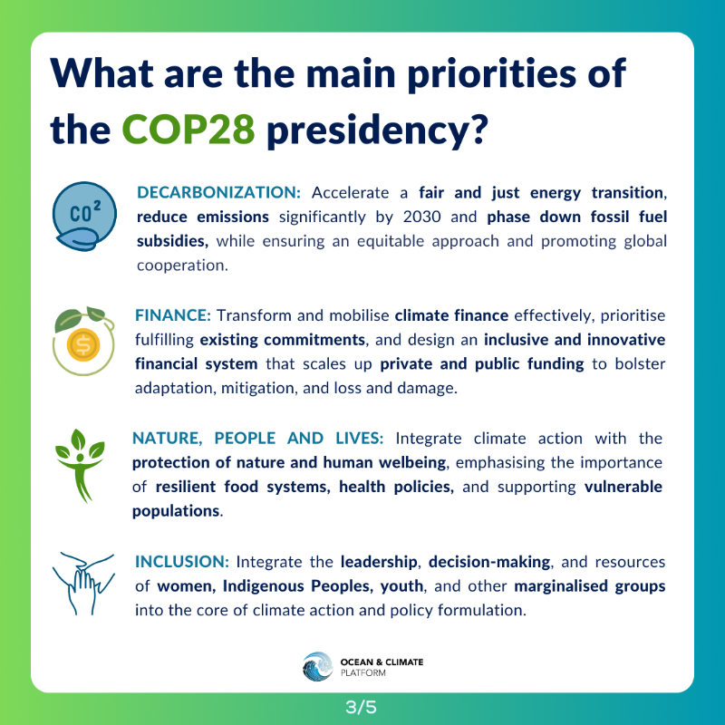 ocean_climate's tweet photo. [#COP28] D-7 before @COP28_UAE: the most significant COP since #COP21! ⏳ Do you want to know more about this event and the various issues that will be discussed, especially regarding the ocean 🌊? 

👀@ocean_climate answers your questions 👇

#GlobalStocktake #OceanforClimate