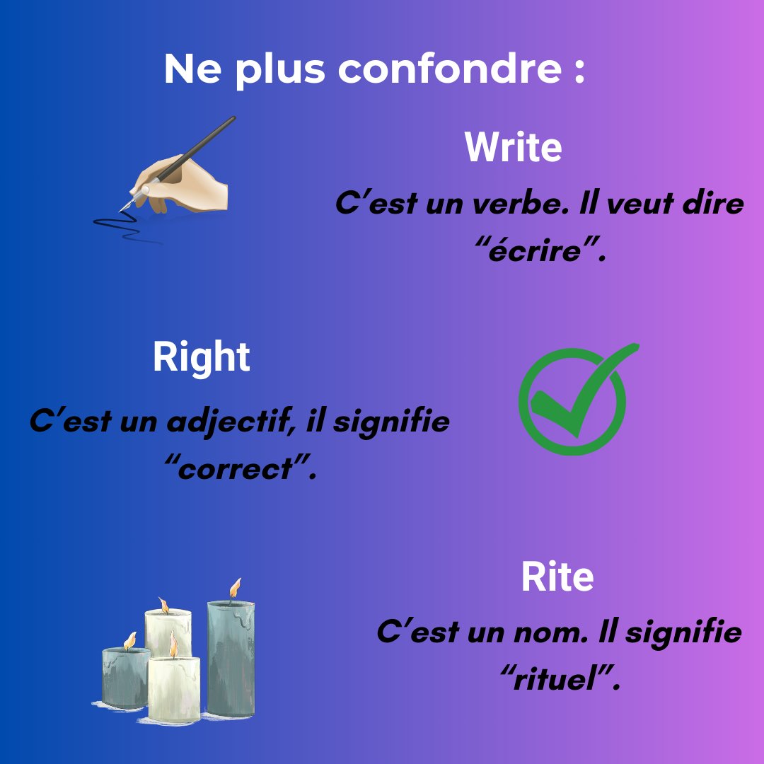 ACoursDidees's tweet photo. Ne plus confondre : Write / Rite / Right !

#coursalamaison #coursvisio #apprendrealamaison #apprendreAnglais #CoursAnglais #CoursEnLigne #englishcourses #grammar #troyes #acoursdidees #LearnEnglish https://t.co/2eOMhZkIL9