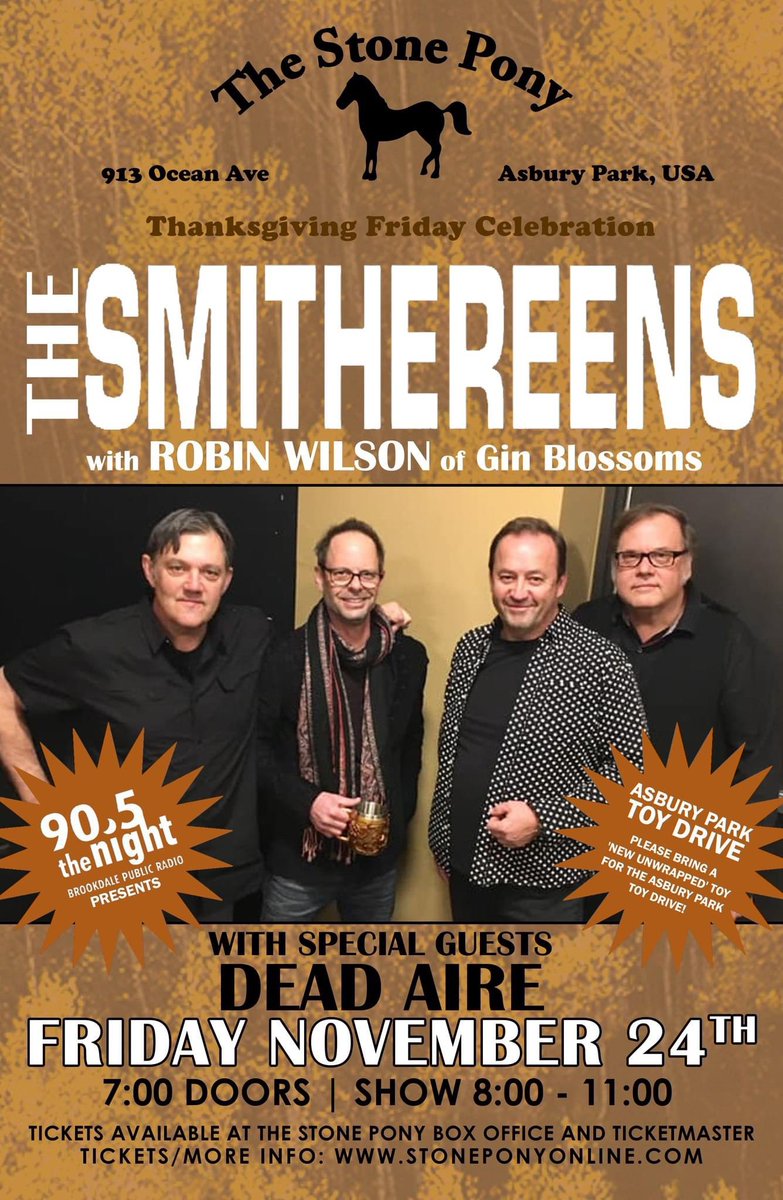 Party with The Smithereens and guest vocalist Robin Wilson the night after Thanksgiving at The Stone Pony in Asbury Park, NJ, on Friday, Nov. 24! This Holiday  Homecoming also kicks off the Asbury Park Christmas Toy Drive so please bring a new, unwrapped toy to the show!