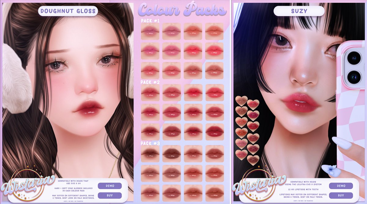 wistariasl's tweet photo. 🍥Wistaria. x The Fifty!

🍩 Doughnut Gloss
- Compatible with heads using the Evo X UV's
- 3 individual packs or fatpack option
- HD Lips

🍡 Suzy
- Compatible with heads using the Evo X UV's
- 12 HD Lips with teeth illusion
- Best on pale tones

The Fifty opens 11/25 12PM SLT 💋 https://t.co/mrwYSHcLkt