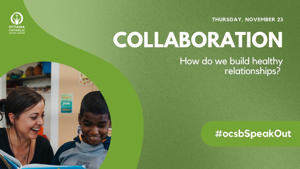OttCatholicSB's tweet photo. 📣Throughout the week, students and educators will explore the topic of bullying. We invite you to participate and follow the conversation on social media using the hashtag #ocsbSpeakOut.🗨
Collaboration: How do we build healthy relationships?
@ocsbEquity @OCSB_MentalHlth https://t.co/ks1gPX0b0t