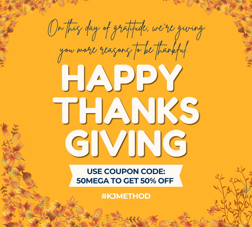 thekjmethod's tweet image. 🦃 Happy Thanksgiving! Celebrate with KJMETHOD&apos;s Mega Sale 🍁

Today, we give thanks and offer an opportunity to thrive. 

Use code: 50MEGA for a 50% discount on Platinum Plan Signup. 

A future of success awaits!
🎓 Join Now: kjmethod.com

#KJMETHOD #Thanksgiving