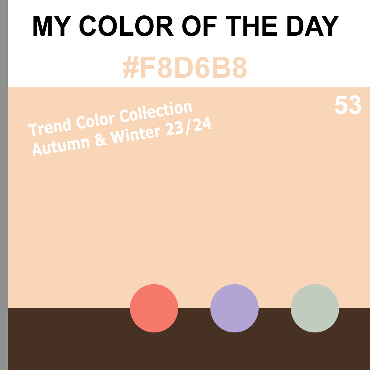 My Color Of The Day: #f8d6b8 
Embrace a touch of softness and femininity with this delicate shade of peach. Additional Colors HEX: 473122 F5786B B2A4D5 C0CCBE #coloroftheday #colorpalette #designforsmiles  #colorscheme #colorschemes #colorinspiration #color #design #peach #blush