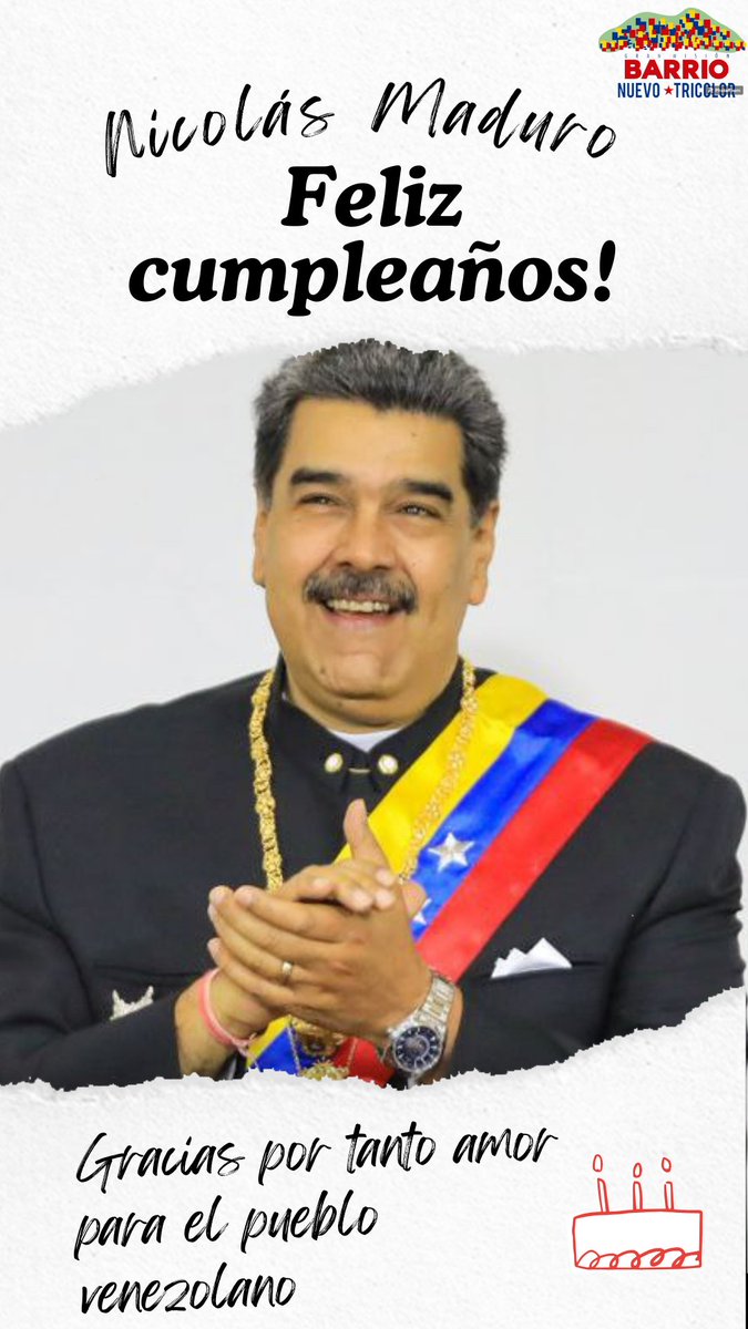 #23Nov 1962 🇻🇪🎊 Con todos los mejores deseos celebramos un año más para nuestro Conductor de Victorias, el Presidente de la República Bolivariana de Venezuela ¡<a href="/NicolasMaduro/">Nicolás Maduro</a>! Mucha vida y salud para seguir dándole Valor ❤️ al Pueblo. #DiosTeBendigaMaduro ✨
<a href="/GRaulparedes/">Gral. Raúl Paredes</a>