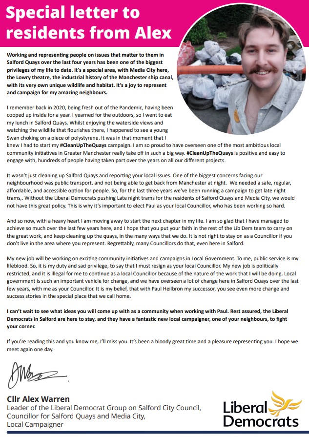 I'm resigning my seat to take a fantastic politically restricted job in Local Government.

I've loved being a Cllr for Salford Quays and Media city, it's been the privilege of a lifetime. Please see more in my statement below:

#CleanUpTheQuays
