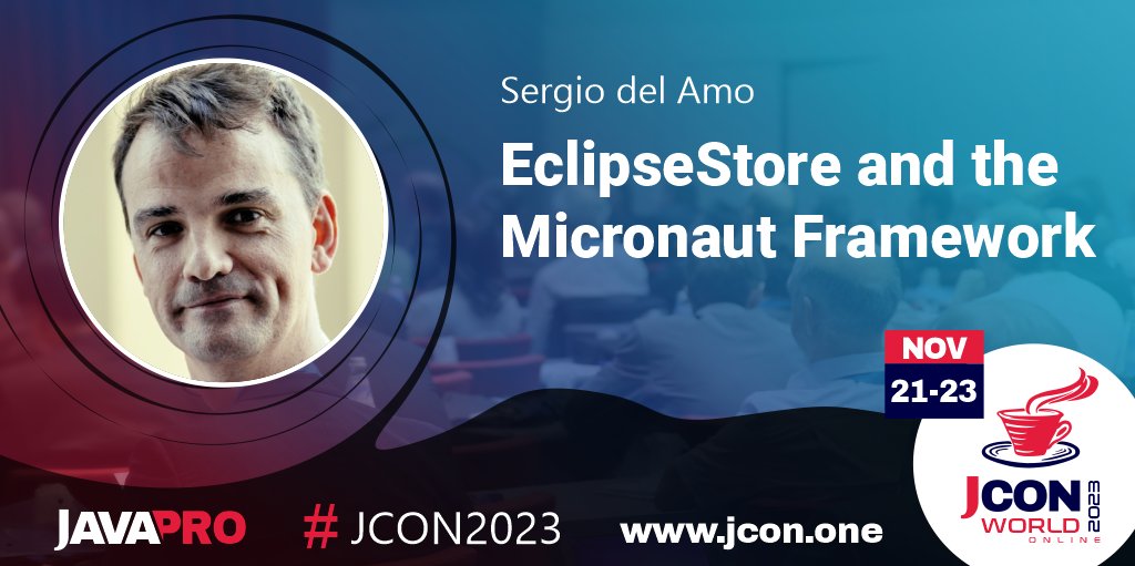Last Chance - Today 15:00 CET! Join the #JCON2023 session with <a href="/sdelamo/">Sergio del Amo</a>: #EclipseStore &amp; the #Micronaut Framework sched.co/1VJaP

Don't miss our other talks &amp; our workshop!
Free tickets: bit.ly/JCON23-free

<a href="/JAVAPROmagazin/">JAVAPRO</a> <a href="/jcon_conference/">JCON</a> #JAVAPRO #JCON