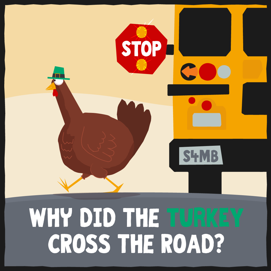 Stop4MyBus's tweet photo. 🚍🦃 Why did the turkey cross the road? Because a school bus stop-arm was active. Happy Thanksgiving from our Stop4MyBus family to yours.
#ThanksgivingSafety #SafeTravels #HappyThanksgiving https://t.co/NPnTRHU7G5