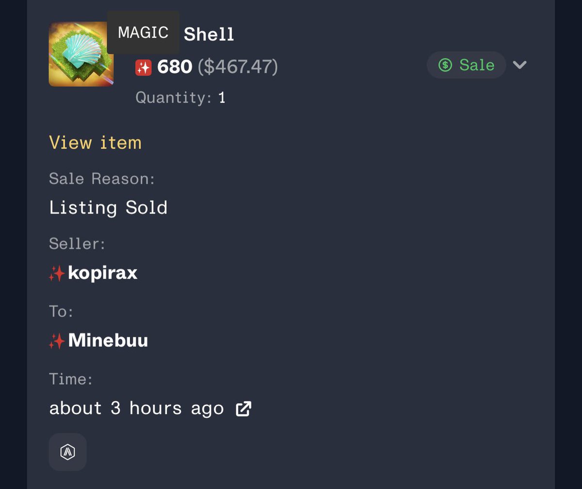 This shell was acquired through playing <a href="/ZeeverseGame/">Zeeverse</a> and sold for $500. Its free to play. Part of the <a href="/Treasure_DAO/">Treasure</a> eco. The player also earned a bunch of other stuff, like “gems”, that can be traded for $magic soon. #GameFi