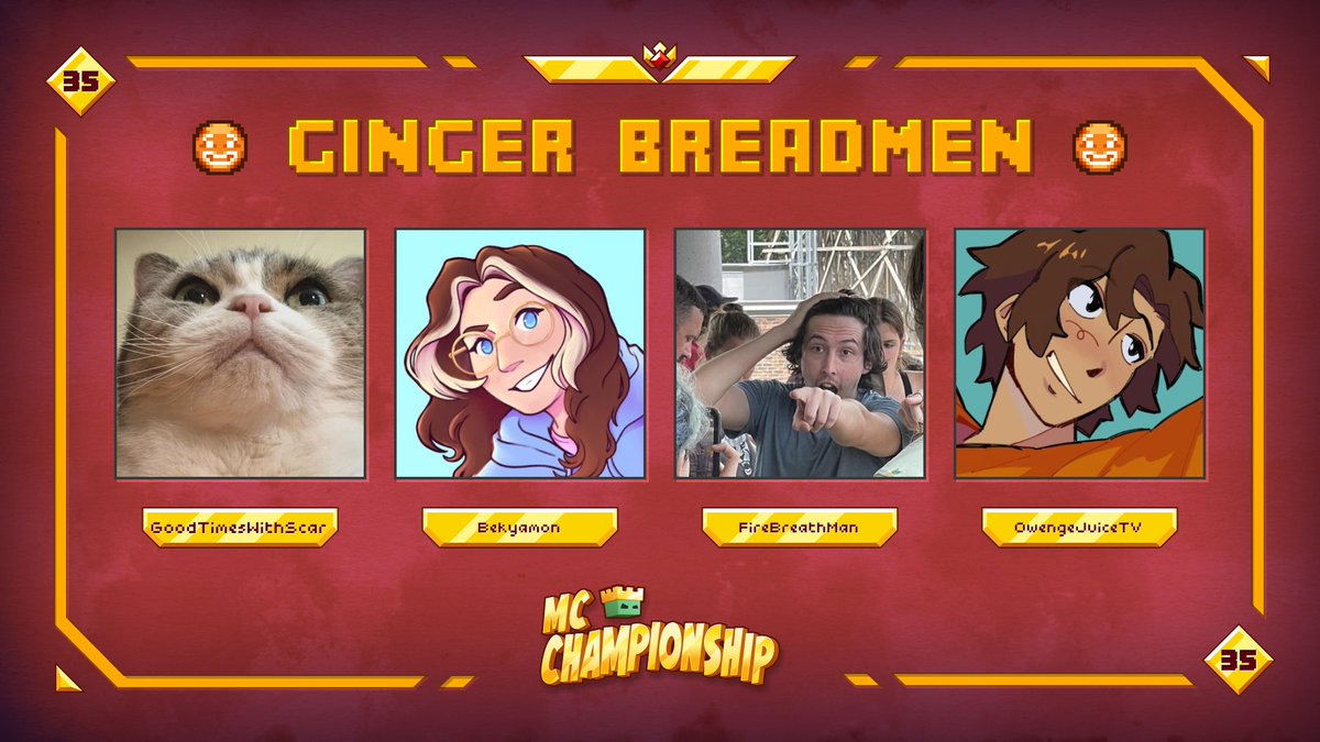 MCChampionship_'s tweet photo. 👑 Announcing team Ginger Breadmen 👑

@GTWScar @bekyamon @FireBreathMan @OwengeJuiceTV 

Watch them in MCC on Saturday 9th December at 8pm GMT! https://t.co/8HitwJTmKm