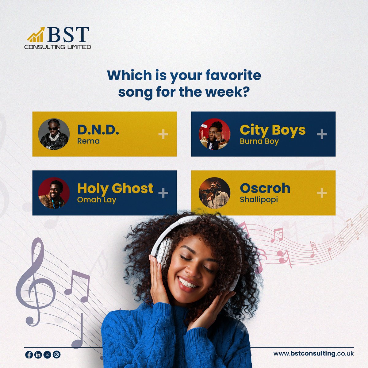 Let's hear from you in the comment section!

#MusicThursday #Vibes #Afrobeats #NewMusic #BSTConsulting