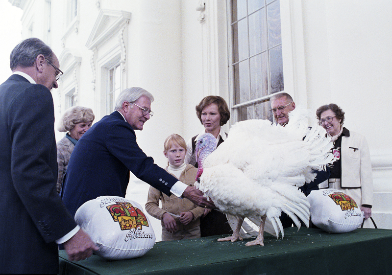 Our thoughts are with the Carter family on this Thanksgiving as they prepare to spend the first holiday without their beloved wife, mother, grandmother, great-grandmother &amp; friend.  Rosalynn receives a Thanksgiving turkey, 11/21/78; She donated it to a petting zoo. NAID 6783240