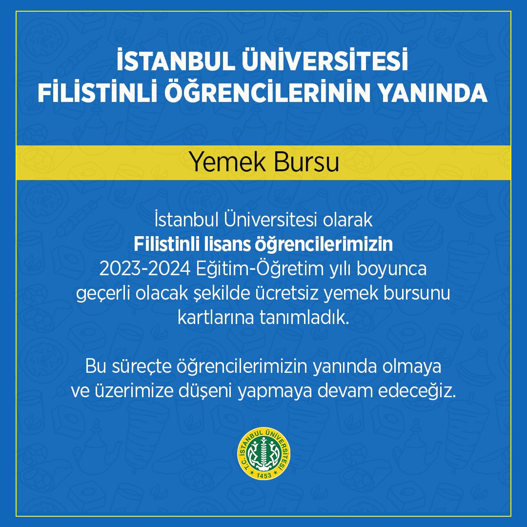istuniresmi's tweet photo. İstanbul Üniversitesi Filistinli Öğrencilerinin Yanında - Yemek Bursu

Üniversitemizde eğitim gören Filistinli lisans öğrencilerimizin 2023-2024 Eğitim-Öğretim yılı boyunca geçerli olacak şekilde ücretsiz yemek bursunu kartlarına tanımladık.

Bu süreçte öğrencilerimizin yanında olmaya ve üzerimize düşeni yapmaya devam edeceğiz. #İstanbulÜniversitesi #Yanınızdayız