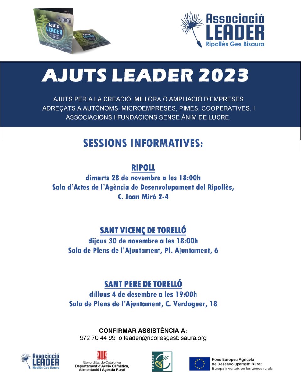 LeaderRGB's tweet photo. 📢 Preparem una nova convocatòria d'ajuts LEADER.
📌 Propera sessió informativa a Ripoll
🗓️ Dimarts 28 a les 18:00 a @CRDesenv 
👥 Cal confirmar assistència al correu leader@ripollesgesbisaura.org o 972 70 44 99
#LEADERCAT 
@agriculturacat  @dibacat @diputaciogirona @arcaruralcat https://t.co/SbBehIaZ5x