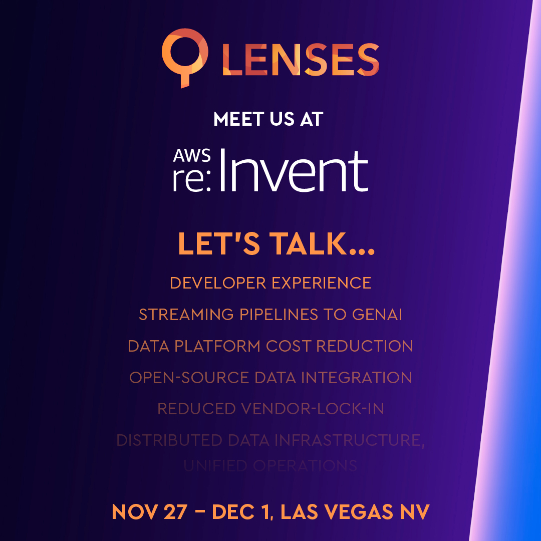 lensesio's tweet photo. Come join us cloud enthusiasts for a coffee at #AWSreInvent next week.

Who's going? ✋

We’ll be there, showing you all things Amazon MSK, Amazon Web Services @awscloud S3, and beyond. https://t.co/r4NDuFIwVz