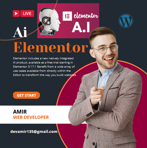 devamir74's tweet image. Elementor AI:  

Features Introduction: 
Key Features: 
Purpose/Benefits:   

Hire me: fiverr.com/s/pXybQGPortfo… 
link- developeramir.com
Behance link- behance.net/Devamir74

Availability/Release:
Information: 

 #ai #webdesign #elementorAi #webDevelopment #wordpress