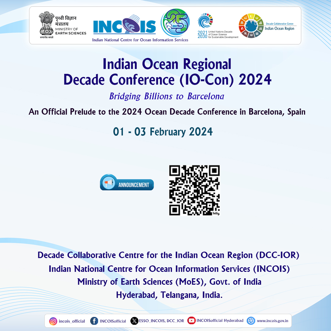 Our <a href="/DCC_IOR/">Decade Collaborative Centre - Indian Ocean Region</a> is organizing an Indian Ocean Regional Decade Conference 2024!

🗓️ Feb 1-3
⚡ Engage regional stakeholders in #OceanDecade priorities ahead of #OceanDecade24 in #Barcelona
🌐 Open to ECOPs, academicians, NGOs &amp; more
🔗 oceandecade.org/events/indian-…

<a href="/ESSO_INCOIS/">INCOIS, MoES</a> <a href="/moesgoi/">MoES GoI</a>