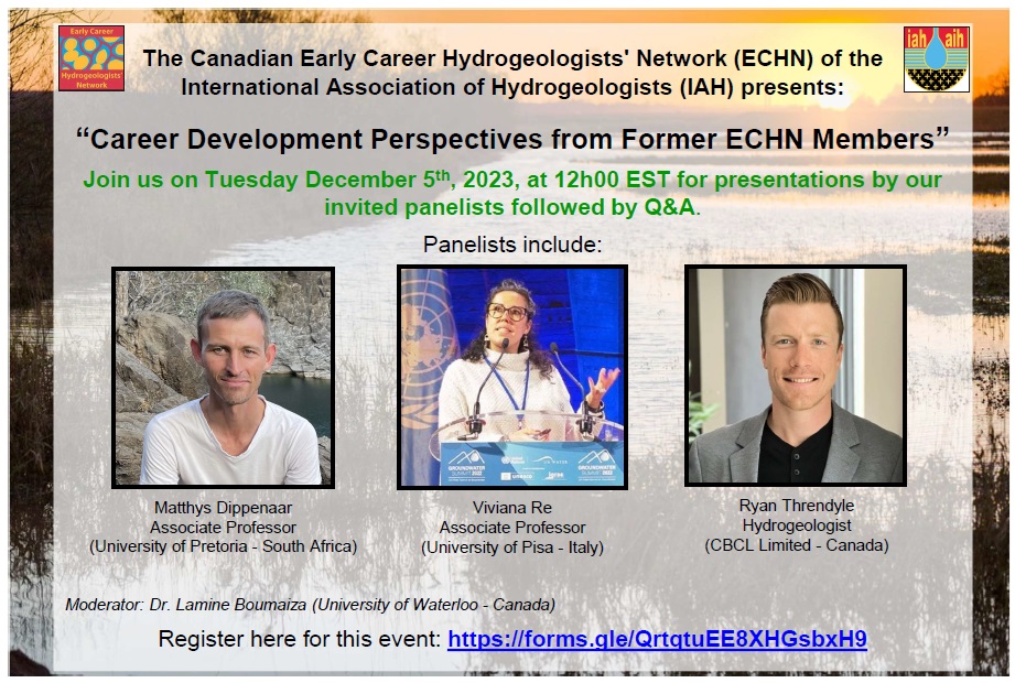 Registration is open for a virtual event “Career Development Perspectives from Former ECHN Members” with international panelists who will be sharing their experiences about advancing careers in hydrogeology. Register here: forms.gle/QrtqtuEE8XHGsb…