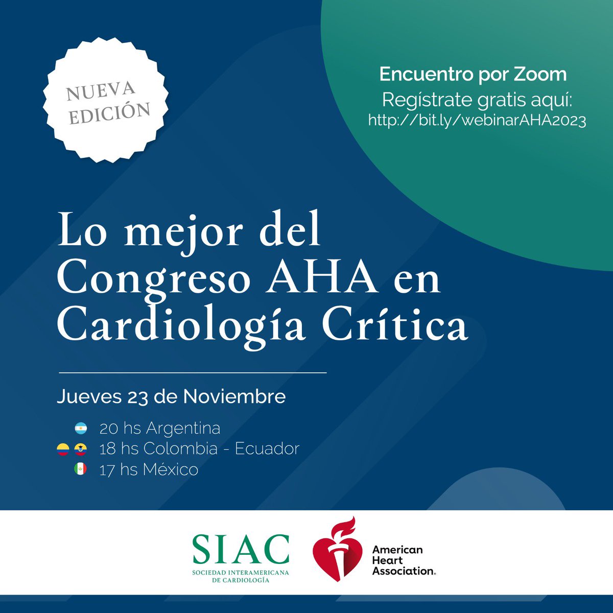 Alex Rivera Toquica (@riveratoquicamd) on Twitter photo ¡HOY! Lo mejor del Congreso AHA 2023 en Cardiología Crítica
Organizado por <a href="/EmergenciasSiac/">Emergencias SIAC</a> <a href="/SIAC_cardio/">SIAC</a>
Jueves 23 de noviembre
18:00 horas (Colombia 🇨🇴)
Inscripción sin costo: bit.ly/webinarAHA2023
<a href="/sccccardio/">Sociedad Colombiana de Cardiología</a> <a href="/ACMI_COL/">Asociación Colombiana de Medicina Interna</a> #cardioTwitter #AHA2023 #Cardiologia #cardiology ¡HOY! Lo mejor del Congreso AHA 2023 en Cardiología Crítica
Organizado por <a href="/EmergenciasSiac/">Emergencias SIAC</a> <a href="/SIAC_cardio/">SIAC</a>
Jueves 23 de noviembre
18:00 horas (Colombia 🇨🇴)
Inscripción sin costo: bit.ly/webinarAHA2023
<a href="/sccccardio/">Sociedad Colombiana de Cardiología</a> <a href="/ACMI_COL/">Asociación Colombiana de Medicina Interna</a> #cardioTwitter #AHA2023 #Cardiologia #cardiology