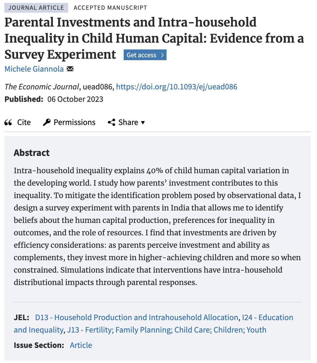 Delighted that my JMP is forthcoming @EJ_RES! Thank you to the editor @sulealan_econ and referees for their input, to my advisors @orazio_at and @ImranRasul3 for the support along the way, and to many of you for useful conversations. Time to celebrate 🥂 twtr.to/vVTxV