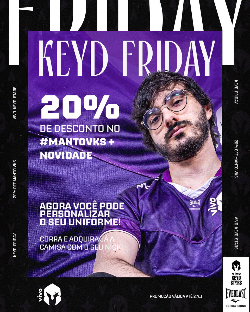 VivoKeyd's tweet photo. keyd friday > black friday

a sexta ainda nem chegou, mas agora vocês podem colocar o nick de vocês no #MantoVKS, o mais bonito do cenário 💜

e ainda tem 20% OFF na camisa até 27/11

link pra promoção 👇 https://t.co/wEJtLkZu0Y