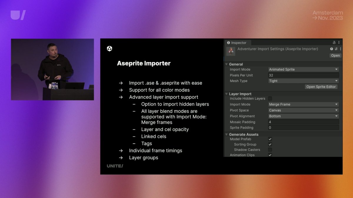 Proud and happy to see that Aseprite Importer for @unity was presented at this years #Unite2023 

This importer is available now for all newer Unity versions, and automatically added to all new 2D projects.

Worth checking out if you are using @aseprite and @unity.